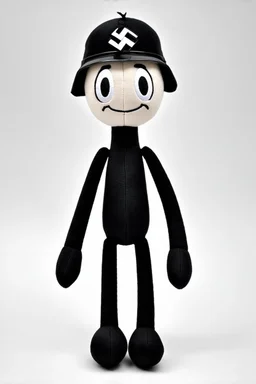 a tall and skinny plush toy, with cute cyclopes face, wearing a Nazi helmet