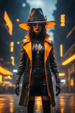 sacred geometry framed dinner plate, black, yellow and orange neon cyber punk dancer thief in soaked rain coat and cowboy witch hat shadows boss card in the style of Giger and fallout 4 ,,bokeh like f/0.8, tilt-shift lens 8k, high detail, smooth render, down-light, unreal engine