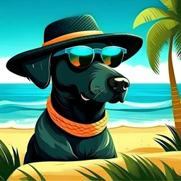 perro negro con lentes de sol y gorra bien canchero en una playa del caribe como caricaturan una playa del caribe al estilo de pintura naif