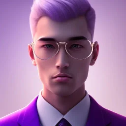 man, cute face, white highlight hair, brown eye, white, skin, purple suits, futuristic, science, purple, blue, pink background lighting, technology, profile, asian boy, square face, eyeglass