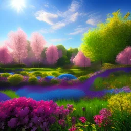 cosmic city, blue sky, garden, flowers, trees, sunny day, pink, blue, yellow lights