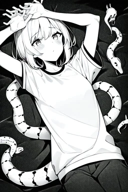 girl in T-shirt lying on the ground and covered with snakes, greyscale