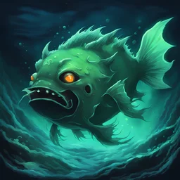 Anglerfish in the depths of the ocean glowing toxic green, in in inuyasha art style, background ocean depths