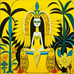 A yellow heavenly kingdom with an angel queen designed in Hawaiian tikis painted by Stuart Davis