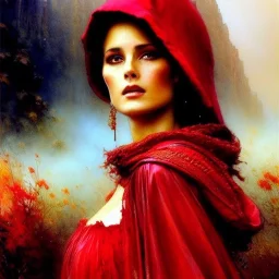 Drawing of beautiful face,'beautiful,Busty fit 'Red Riding Hood',intense stare, ancient skintight armor, balanciaga fashion clothe painting by gaston bussiere, greg rutkowski, yoji shinkawa, yoshitaka amano, tsutomu nihei, donato giancola, tim hildebrandt,KyuYong Eom, Oil on canvas, cinematic composition, extreme detail,fit full head inside picture,16k