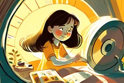 brunette girl cutting film reels in a study, children's book illustration in style of Brigette Barrager, Sven Nordqvist and Nicole Rubel in sunshine