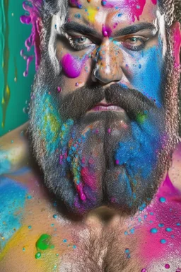 full body shot photography of a spanish burly bearded man 44 years old crossed arms, sweat wet muscular beefy, swimwear, face with big drops of multicoloured paint, curly beard, big drops dripping, big ripples of multicoloured paint, big drops on the face, eye-to-eye, dripping multicolored paint, bullneck, long curly hair dripping, photorealistic, strong top light, ambient occlusion , view from the ground