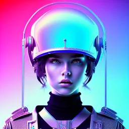 woman teenager, army helmet, retro futuristic, Bang & Olufsen design, leather dress, gradient color, BLUE, PINK, CYAN, neon, insanely detailed, 16k resolution, perfect eyes, cinematic smooth, intricate detail