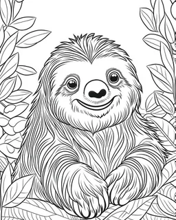 create a 2d black outline, "safari smiling cartoon sloth coloring book for kids", coloring page, low details design, black contour, coloring page design, simple background, colorful , card style, coloring page for kids, white background, sketch style, safari landscape, cartoon style