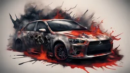 Mitsubishi Lancer X in the Hell a skull painting on it