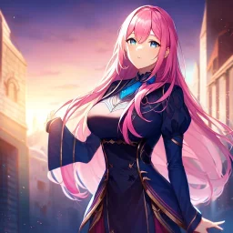 girl, masterpiece, best quality, cinematic lighting, detailed outfit, perfect eyes, long hair, pink hair, blue eyes,