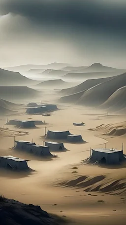 vintage style painting of an army camp with modern weapons base and rocket bases foggy an aerial view