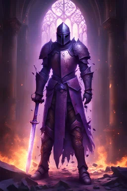 broken medieval corrupted knight with rusting armour with smashed holes, that also has eldritch glyphs on it, holding a holy sword. Purple ethereal magic glows through the gaps in the armour, stood inside a ruined corrupted church on fire