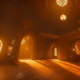 inside of a mystery dark gothic museum , dystopic, millions of books, labyrintic architecture, orange color scheme, high key lighting, volumetric light high details with white stripes and feathers unreal 5, octane render, cinema4d, dynamic lighting, dramatic lighting, 4k, redshift render, highly detailed, hyper realistic, sunset, Stephan Eicher