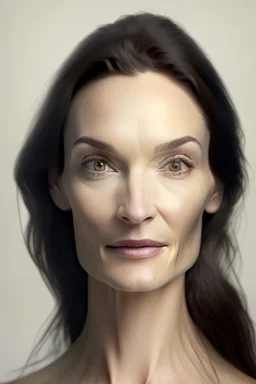 realistic, (39yr old female)without makeup, Caucasian beautiful face, angled head position, dark hair, studio lighting, cinematic light, beautiful woman, milk beige middle hair, perfect anatomy, on white background, 8k Resolution, highly detailed, non-symmetrical body a, detailed hairstyles and skin texture