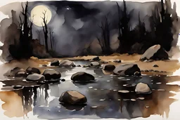 Night, rocks, gothic horror movies influence, puddle, mountains, epic, john singer sargent watercolor paintings