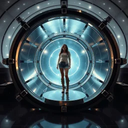 picture of a very huge real working physic based gyroscope with mirror surfaces in a inter star environment ,a very pretty lady with modern future clothing boots standing in main turning disk of gyroscope.1x1