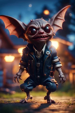 glowing vampire bat gremlin doctor pimp hippie in the evening, hovering with glowing jets from rocket backpack in the backyard, in the style of a fallout 4,bokeh like f/0.8, tilt-shift lens 8k, high detail, smooth render, down-light, unreal engine, prize winning