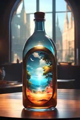 A world inside a bottle standing on a table, high resolution, saturated colours, bright lighting, beautiful. image by akihiko yoshida and wlop and artgerm and ismail inceoglu and bagshaw, in style of takeuchi naoko, background art by alphonse mucha