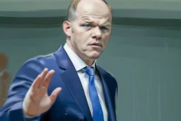 side view of Olaf Scholz walking, concerned expression, waving hand, pressed lips; in the style of VanGogh