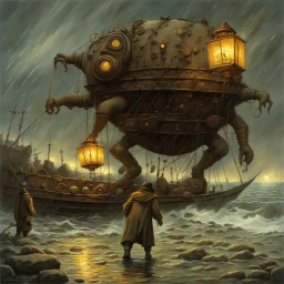 massive surreal cyclops golem with a biomechanical oculus emitting beams of light, golem stumbling along the shoreline dragging large lanterns, nighttime in a windy rainstorm, by Jean Baptiste Monge, by Wayne Barlow, fantastic surreal horror art, dramatic, kinetic, eerie dark primary colors, matte oil painting, intricate complex detail.