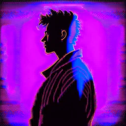 The silhouette of a musical performer in the spotlight. - very noticeable shadows - very realistic details - style: "synthwave"