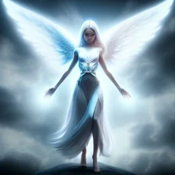 An angel with white wings, I am a bright nimbus, in the sky, ultra graphics,RTX, TXXA, SSAO, High quality,hyperrealistic, HDR,4k