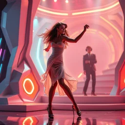 Futuristic sci-fi style, a pretty woman dancing energetic salsa with fluid, expressive movements, on a futuristic evolving stage with morphing 3D geometric structures, pulsating to the rhythm, dynamic vibrant neon lights, volumetric