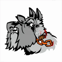 head of angry Scottish Terrier dog, facing viewers left, with blood shot eyes and bloodied teeth and bushy fur, an orange color chain collar around neck, vector