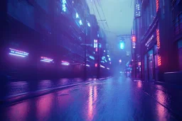 cinematic, night, Tokyo, Rain, high definition, blue neon lights, blender 3d