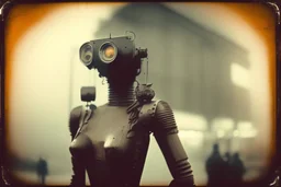 steampunk, vintage analog polaroid of a woman robot, female body, fog, lomography, heavy film grain, night, color bleed, depth of field, bokeh, retro