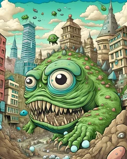 extremely detailed mike wazowski cyclops as a kaiju monster destroying a city