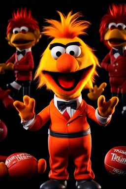 Waist up Angry muppet Portrait, Orange Donald J Trump as muppet doll, black hair, president, red tracksuit, mustache, photo studio, black background, unreal engine 5, concept art, art station, ray tracing, lumen lighting, ultra detail, volumetric lighting, 3d.