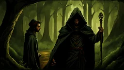 The hooded sorcerer and the king in the forest