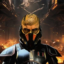 star wars bald male corellian jedi wearing gunmetal grey and black old republic armored flightsuit with gold and metallic red trim inside the jedi temple, centered head and shoulders portrait, hyperdetailed, dynamic lighting, hyperdetailed background, 8k resolution, volumetric lighting, light skin, fully symmetric details