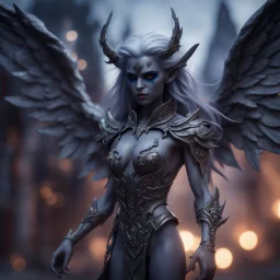 star born dark elf grey angel nephilim vampire with ornate bow, muscles and big wig, Guiding souls through twilight, where the shadows flee In this realm of aftermath, phantoms softly tread Following the will-o-wisp, where the lost are led ,bokeh like f/0.8, tilt-shift lens 8k, high detail, smooth render, down-light, unreal engine