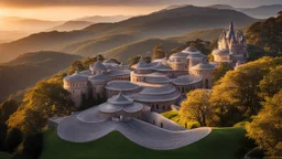 2771, delightful, sensitive, confident, undulating sinusoidal castle with hyperbolic roofs, delicate, sunrise, architecture, award-winning photograph, beautiful composition, filled with beautiful detail, delicate colour, chiaroscuro