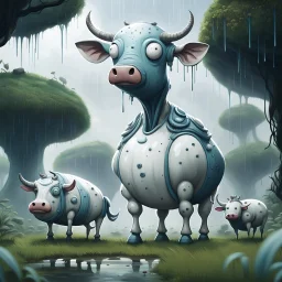 far in the distance five big crepy-cute weird creatures stand on four legs on eart , on tube heads is one giant eye , gray-white-pale blue color skin, with big cow udders on the belly between their legs,, without ears ,peacefully grazing the grass, background is a jungle, rain, detailed, sci-fi, fantasy, cinematic