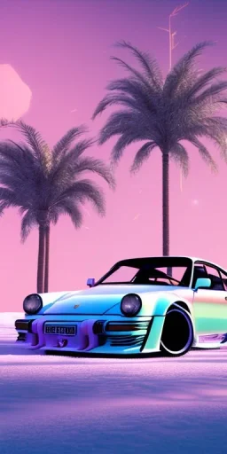 1980's aesthetic vaporwave palm trees with porsche in the winter snow