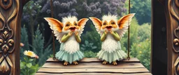 transcendent sacred geometry embroidered patterns, two totally symmetric fluffy angel gremlin slug nice cheerleader singing on old wooden carved bridge in garden , full body portrait T-pose strong aura, oil painting and air brush, in swing