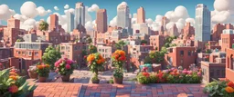 Background: high rise rooftop overlooking a fun colorful city on a bright sunny day landscape, clouds, plants, paved sidewalk, 3d cartoon asset, clean Details: colorful flowers, bricks, string lights, modern American city, quirky cartoon graphic buildings. Camera: frontal angle, 90°, 35 mm. Lighting: high noon sun, LED lights. 3d asset, cartoon style