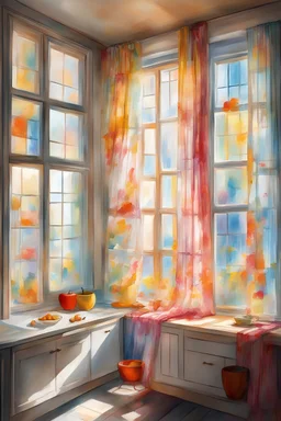 In the kitchen, whose walls are wide and full of color, a window with thin and transparent curtains lets in sunlight. The light that vibrates on the curtains like a sweet and calm melody and creates shadows that rotate in the air like beautiful and happy dancers.