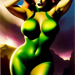 portrait oil on canvas, beautiful busty She-Venom, green big eyes, ,minimal armor,comic book cover, mystical colors,insanely detailed,realistic,intrincate detail, 16k resolution, masterpiece,Frank Frazetta,Alex Horley, Simon Bisley