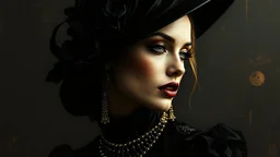 surreal fantasy magic fashion portrait, abstract art, surreal fantasy mixed media, raised amazingly beautiful fantasy fashion extravagant elegance lady portrait, film noir mood, cinematographic, dramatic, deep rich black colors, magic lighting, minimalism, few gold accents, vintage retro France mood,