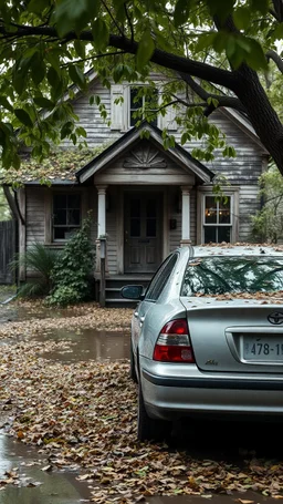 A car abandoned in front of an old house covered with tree leaves and branches after a severe flooding a lot of damages