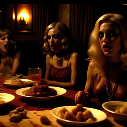 Horror movie shot, spooky, hot, ultra realistic, dining, black eyes, ultra realistic hot blonde women, party, pieces of meat, organs, ail, dynamic, very excited people, hypermaximalist figures, light, 1970's Italian horror movie, sinister,, Dario Argento, Stanley Kubrik, ornate, 4k, photorealism