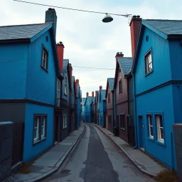 Fotografia di strada assurda e falsa orripilante blu weirdcore dai colori vivaci. Noe. Non luogo falso, inusuale. Max Ernst. Le case sono false e dipinte di nero chiaro con cose stilizzate e dettagli. Ci sono finestrelle false quadrate, che danno un senso distopico e molto surreale, disposte in modo casuale. L'atmosfera generale sembra noiosa e onirica, con un contrasto tra elementi reali ed elementi dipinti falsi, René Magritte