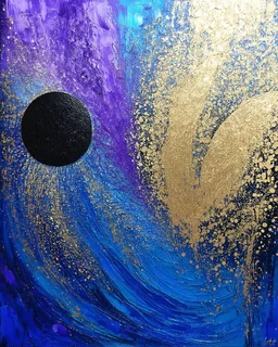 create picture of "Create an abstract painting in a vertical format, dominated by rich shades of blue, purple, and shimmering gold. Emphasize textured surfaces and incorporate swirling, crescent-moon-like shapes. Include subtle hints of intricate, calligraphic-inspired details in black within golden big circular or oval forms."