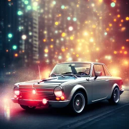 fiat 125p, city. high speed. bokeh. lens flare. warm lights. high detailed