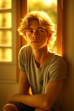 A hyper-realistic portrait of an athletic teen boy with honey brown eyes, thick golden blond hair, cute, innocent and content, looking out a window, a hint of facial hair, shirtless, slim and lean body, slightly tanned, inside an empty room with warm sunlight streaming in, detailed, high definition, 4K, 8K, quality render, photo realistic